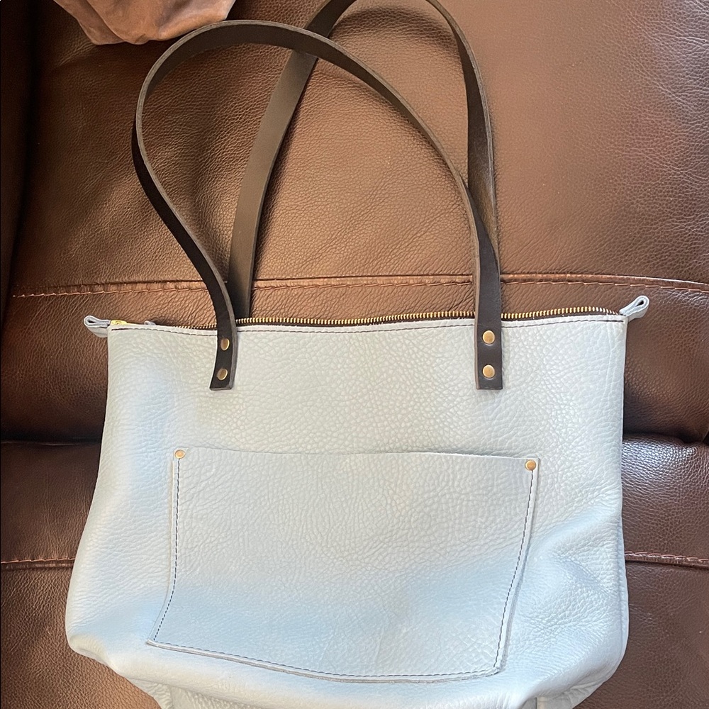 Elegant Light Blue Pebbled Portland Leather Goods Medium Zippered Tote Bag New